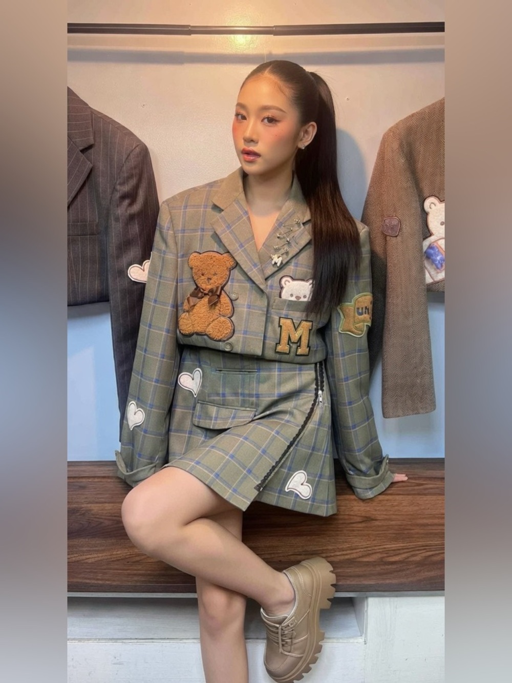 Green Plaid Blazer with Bear Patches